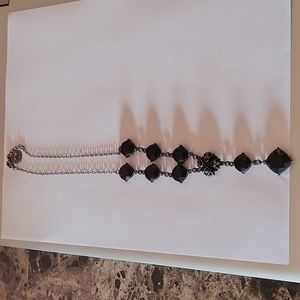 Crown Trifari Jet Black Crystal Gun Metal Lariat Necklace